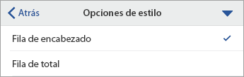 Comando Opciones de estilo expandido, con la fila de encabezado seleccionada