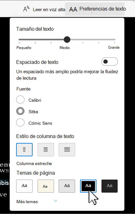 Lector inmersivo las opciones de preferencias textuales en Word