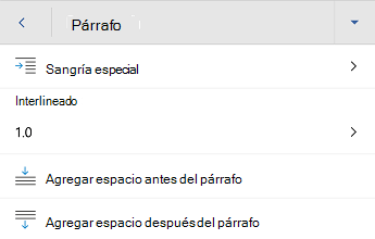 Word para Android menú de formato de párrafo