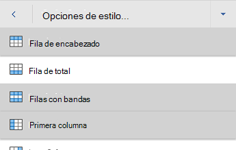 Word para Android menú de opciones de estilo de tabla