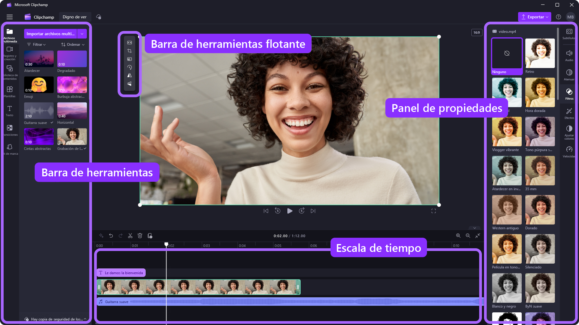 Una imagen del editor Clipchamp explicada con cómo se llaman los elementos dentro del editor.