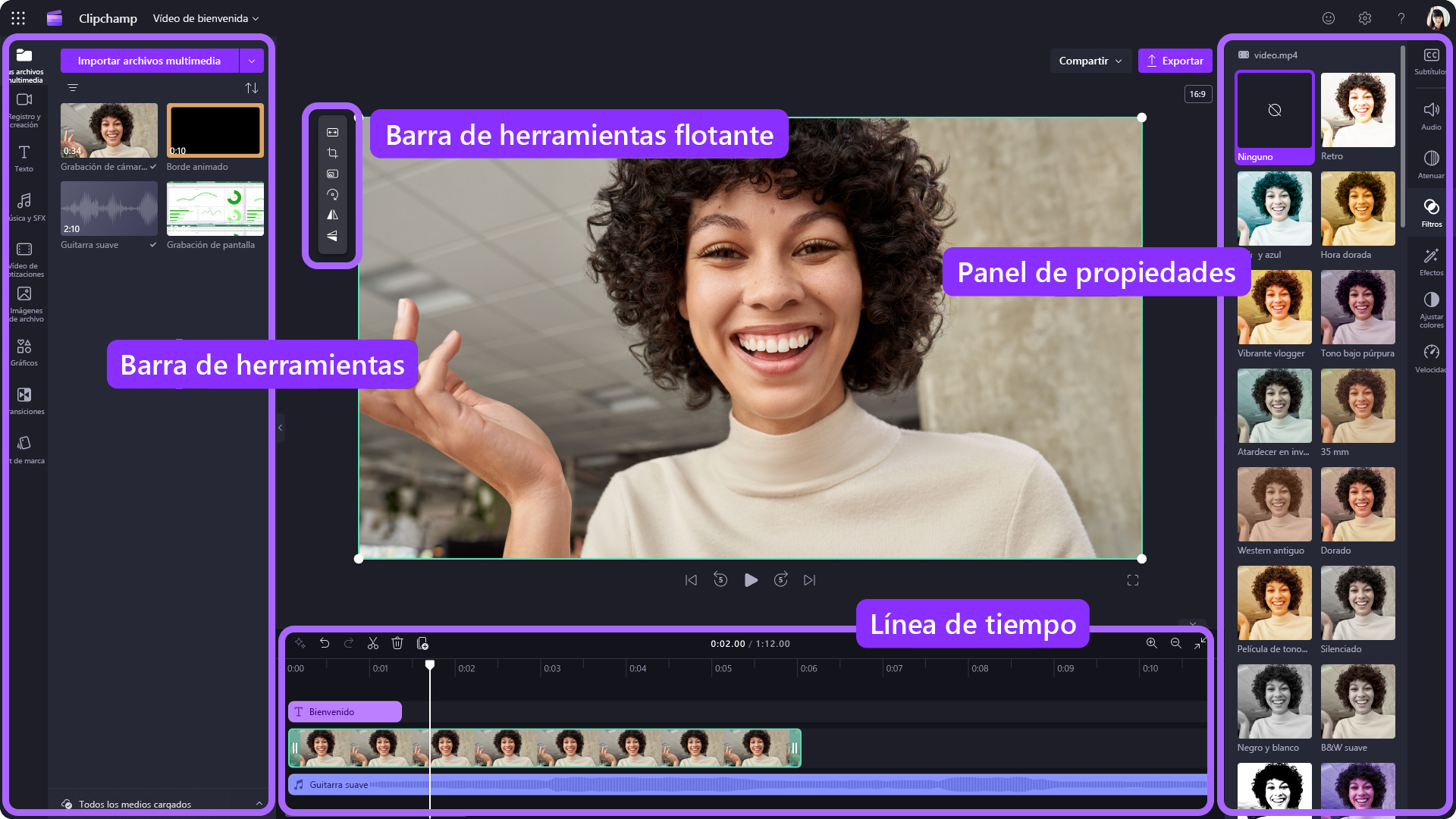 Una imagen de la aplicación comercial Clipchamp.