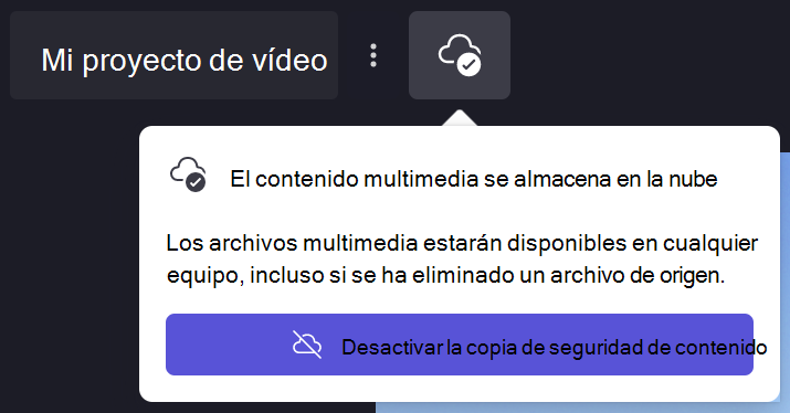 Imagen de Clipchamp diálogo de copia de seguridad de contenido
