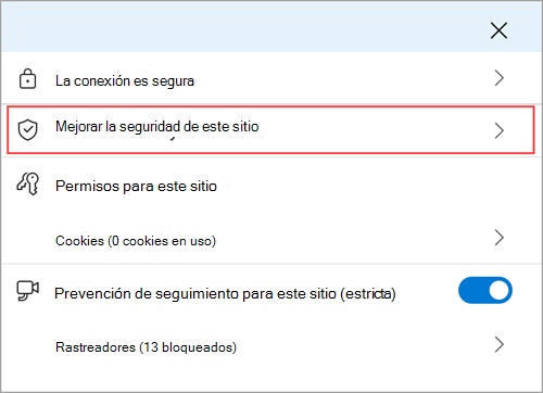 El menú de información del sitio de Microsoft Edge que muestra la característica Mejorar la seguridad de este sitio.