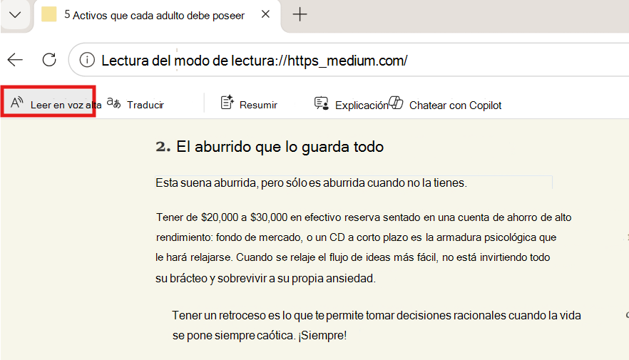 Captura de pantalla de lectura en voz alta.