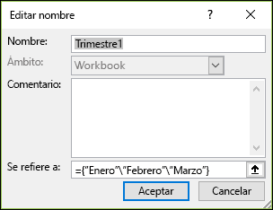 Agregar una constante de matriz con nombre desde Nuevo administrador de nombres > definidos de > fórmulas >