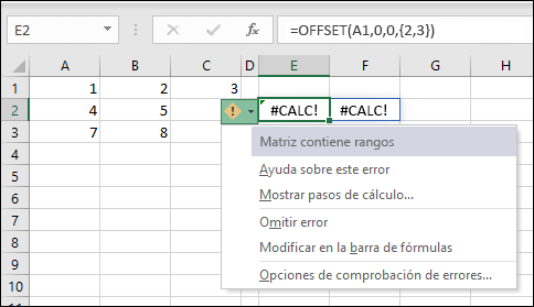 #CALC! error: la matriz contiene rangos