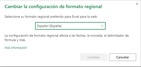 Cuadro de diálogo Cambiar configuración de formato regional