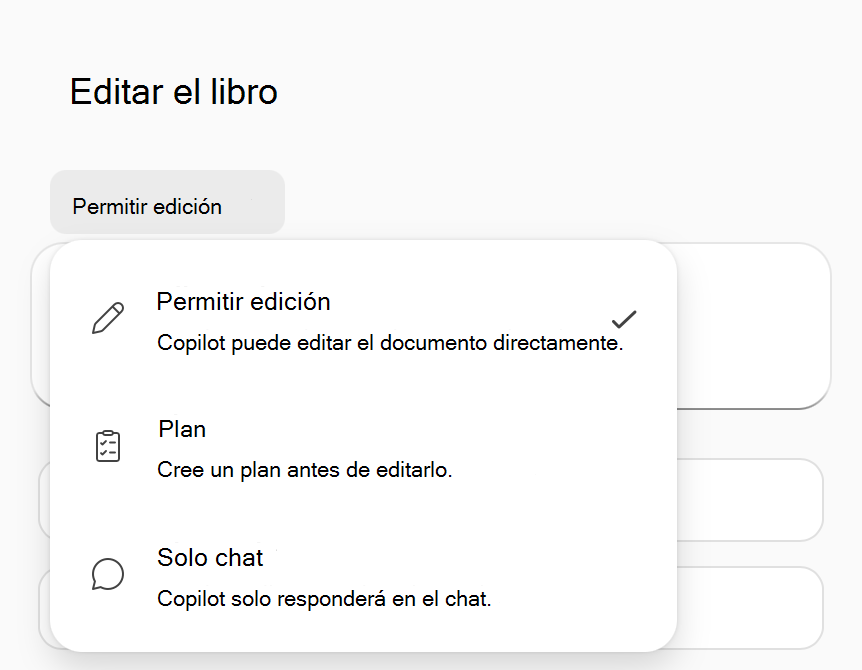 Captura de pantalla del menú de opciones de modo de Copilot en Excel.