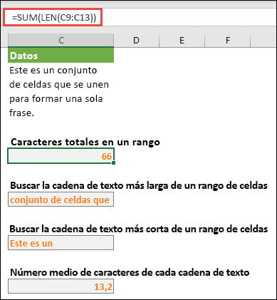 Contar el número total de caracteres en un rango y otras matrices para trabajar con cadenas de texto
