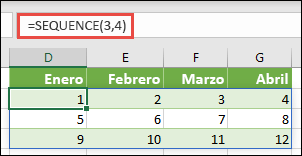 Cree una constante de matriz de 3 filas por 4 columnas con =SECUENCIA(3,4)