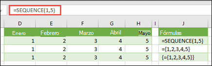 Crear una constante de matriz horizontal con =SECUENCIA(1,5) o ={1,2,3,4,5}