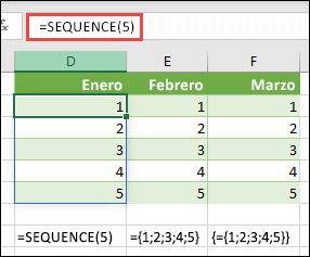 Cree una constante de matriz vertical con =SECUENCIA(5), o ={1;2;3;4;5}
