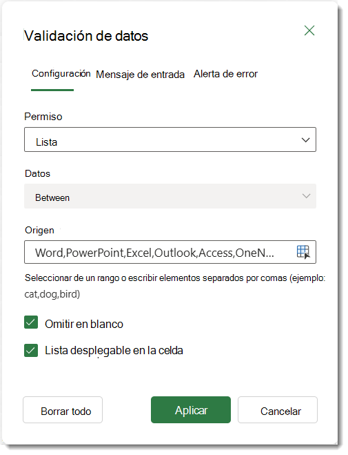 Configuración de validación de datos
