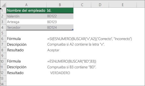 Ejemplo con las funciones SI, ESNUMERO y ENCONTRAR para comprobar si una parte de una celda coincide con texto específico