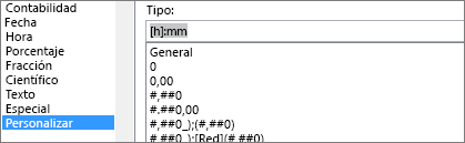 Cuadro de diálogo Formato de celdas, comando Personalizado, tipo [h]:mm