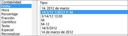 Cuadro de diálogo Formato de celdas, comando Fecha, tipo 14/3/12 a las 13:30