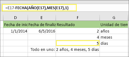 =SIFECHA(D17;E17;md) y resultado: 5
