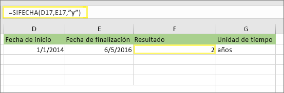 =SIFECHA(D17;E17;y) y resultado: 2