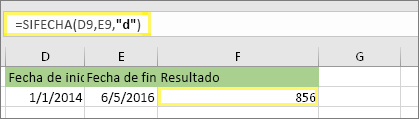 =SIFECHA(D9;E9;d) con resultado de 856