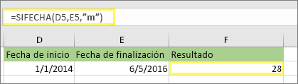 =SIFECHA(D5;E5;m) y resultado: 28
