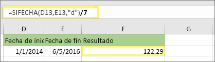 =(SIFECHA(D13;E13;d)/7) y resultado: 122,29