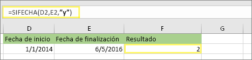 =SIFECHA(D2;E2;y) y resultado: 2