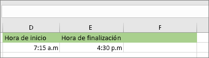 Fecha/hora de inicio de 7:15 AM, fecha y hora de finalización de 4:30 p.m.