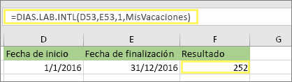 =DIAS.LAB. INTL(D53,E53,1,MyHolidays) y resultado: 252
