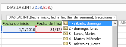 Lista de IntelliSense que muestra de 2 a domingo, lunes, 3 al lunes, martes, etc.