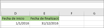 La fecha inicial en la celda D53 es 1/1/2016, la fecha final está en la celda E53 es 31/12/2016