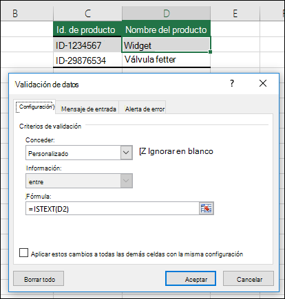 Ejemplo 2: Fórmulas en la validación de datos