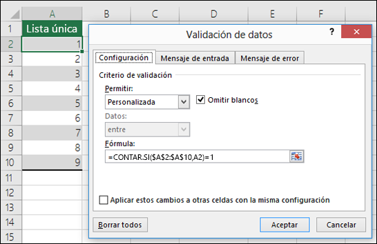 Ejemplo 4: Fórmulas en la validación de datos
