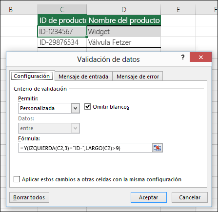 Ejemplo 6: Fórmulas en la validación de datos