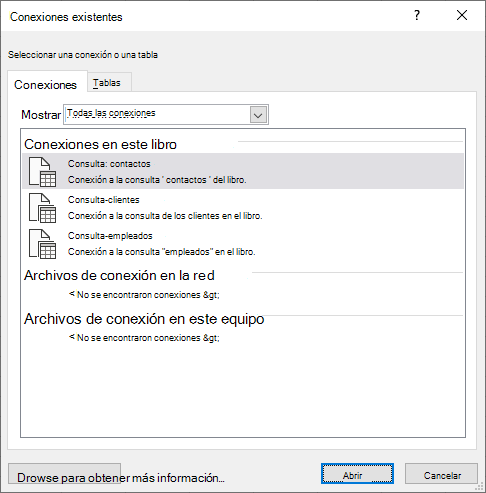 El cuadro de diálogo Conectarios existentes en Excel muestra una lista de orígenes de datos actualmente en uso en el libro