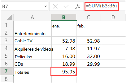 Fórmula Autosuma de Excel para la Web