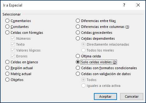 Cuadro de diálogo Ir a Especial