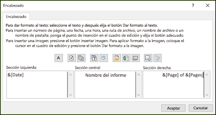 Cuadro de diálogo Personalizar encabezado de Configuración de página