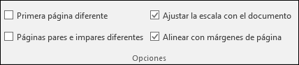 Opciones de encabezado y pie de página en la pestaña Diseño de la cinta de opciones