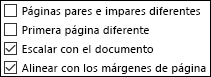 Opciones de encabezado y pie de página en el cuadro de diálogo Configurar página