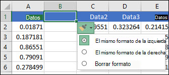 Imagen del botón Opciones de inserción que se muestra después de insertar filas o columnas.
