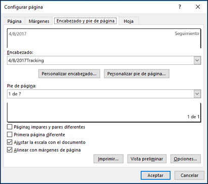Configurar > página Opciones de encabezado y pie de página