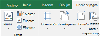 Pestaña Diseño de página en la cinta de opciones