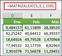 Función MATRIZALEAT con los argumentos Min, Max & Decimal