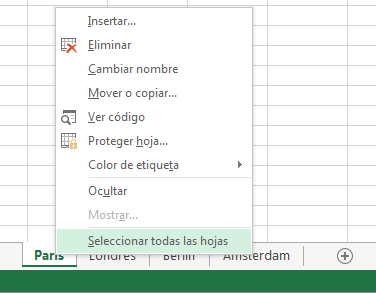 En el menú contextual, Seleccionar todas las hojas se ha seleccionado.