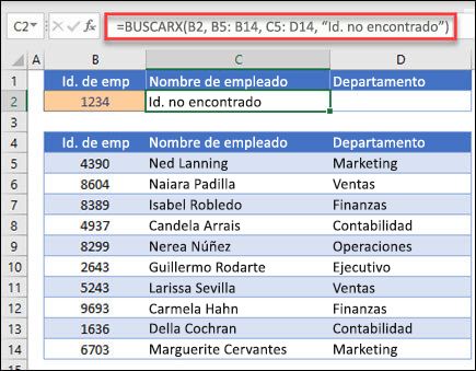 Ejemplo de la función BUSCARX usada para devolver un nombre de empleado y un departamento basándose en el Id. de empleado con el argumento if_not_found. La fórmula es =BUSCARX(B2;B5:B14;C5:D14;0;1;Empleado no encontrado)