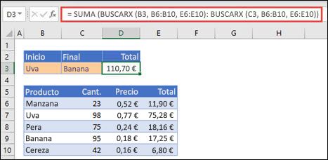 Uso de BUSCARX con SUMA para sumar un intervalo de valores entre dos selecciones