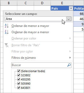 Menú Filtro, menú Valor para mostrar, campos del tipo de datos vinculado que aparecen