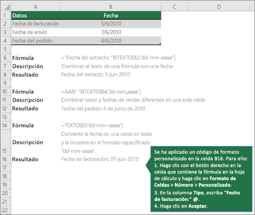 Ejemplos para mostrar cómo las fórmulas pueden combinar texto con valores de fecha y hora