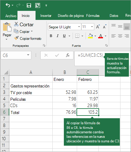 Al copiar una fórmula, las referencias de celda se actualizan automáticamente